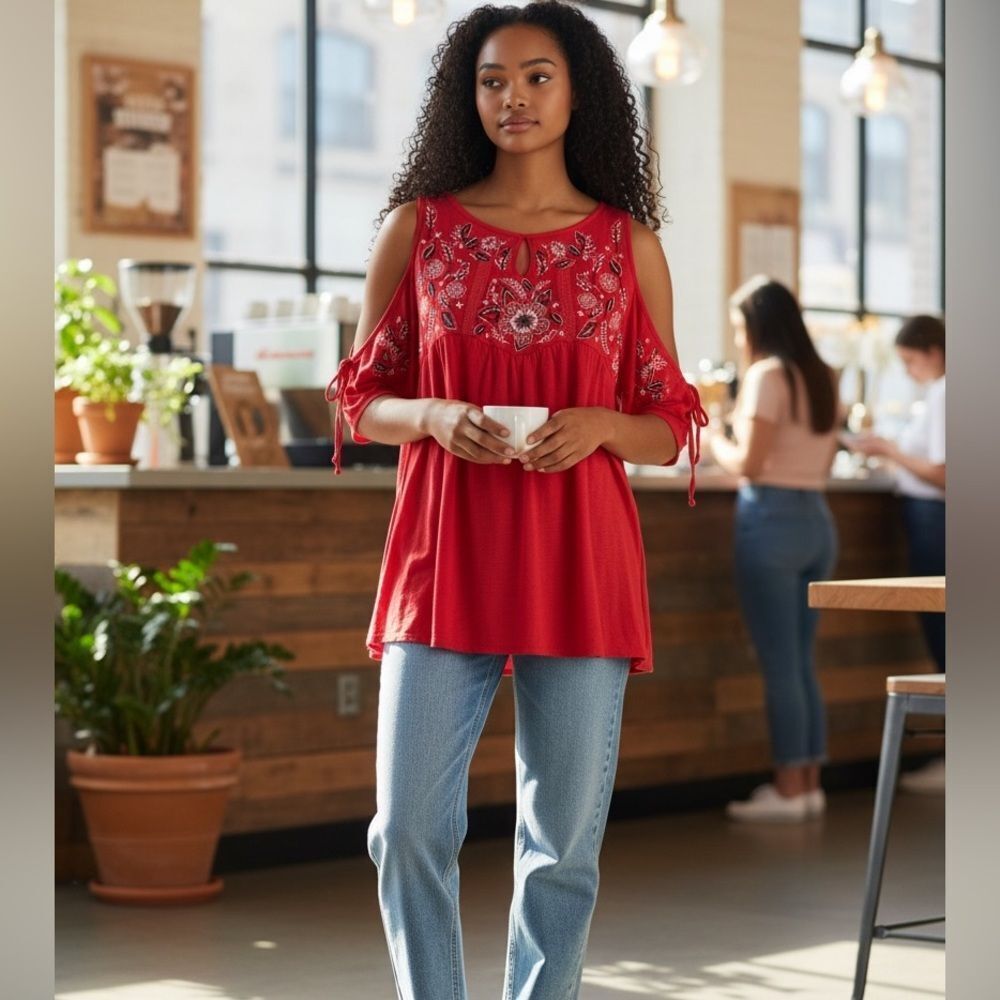EUC Kelly Renee Women’s Plus Size Red Embroidered Cold Shoulder Top Blouse 3XL